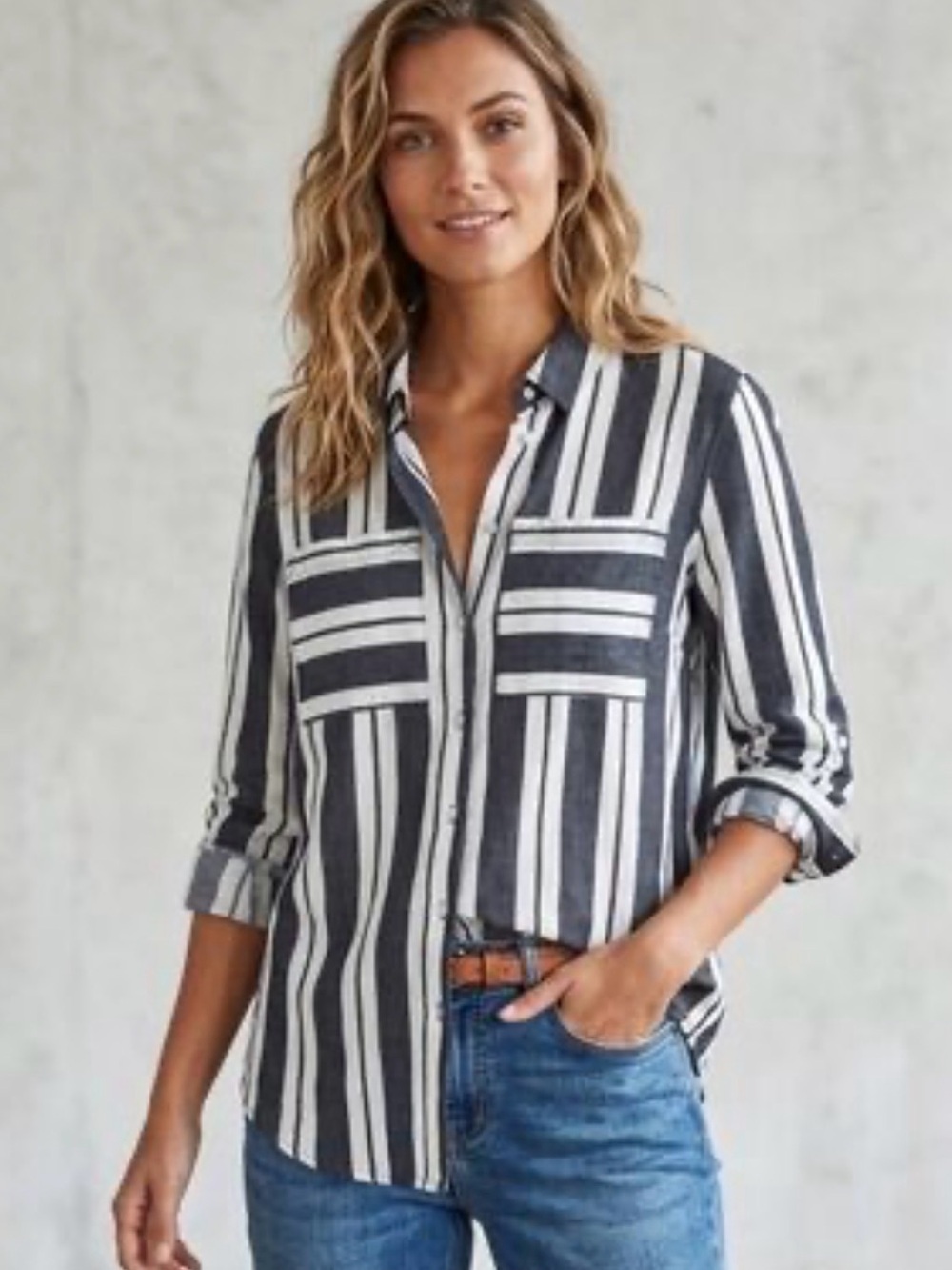 next Navy & White Vertical Stripe Button-Front Shirt